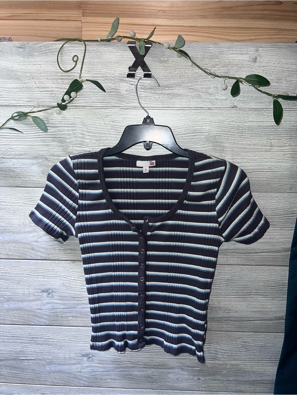 SO Navy and Light Blue Striped Ribbed Button-Front Short Sleeve Top